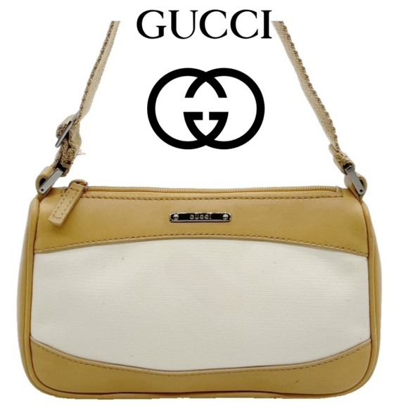 Flash Sale Auth Gucci GG Plate Canvas Leather Beige WhiteMini Pouch BAG - Picture 1 of 16